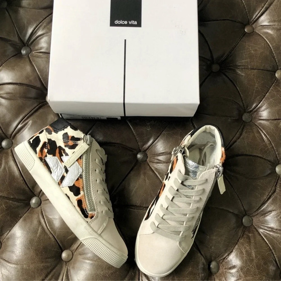 New Dolce Vita Zonya Dark Leopard Calf Hair sneakers metallic distressed zip - Picture 4 of 11